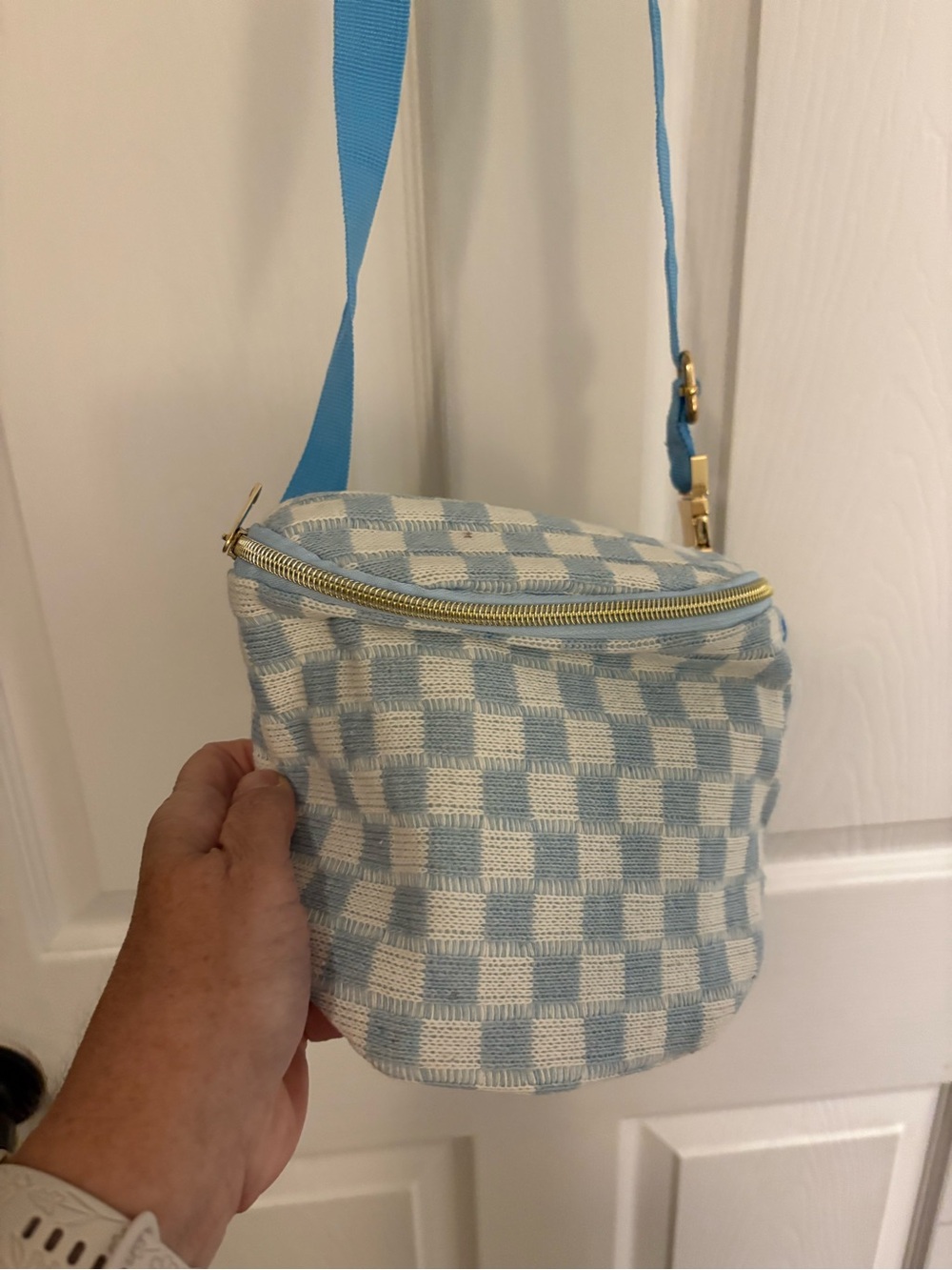 Light Blue and White Checkered Crossbody Bag